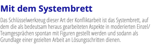 Mit dem Systembrett Das Schlüsselwerkzeug dieser Art der Konfliktarbeit ist das Systembrett, auf dem die als bedeutsam heraus gearbeiteten Aspekte in moderierten Einzel/Teamgesprächen spontan mit Figuren gestellt werden und sodann als Grundlage einer gezielten Arbeit an Lösungsschritten dienen.